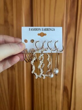 Pearl & Gold Mixed Hoop Earring Set